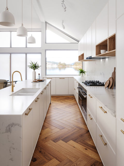 3D render of modern kitchen interior with natural light and wooden flooring
