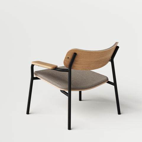 3D render of modern lounge chair with wood and fabric materials