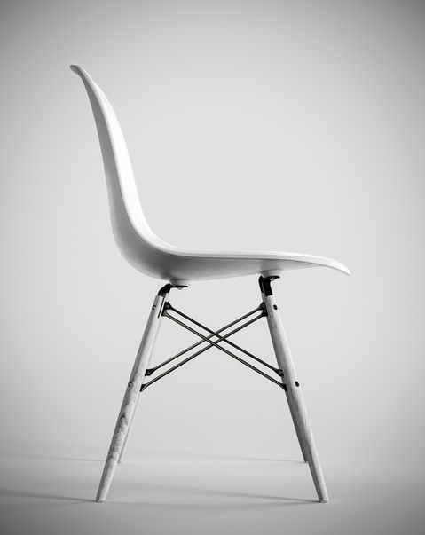 3D render of modern white chair with wooden legs and metal structure