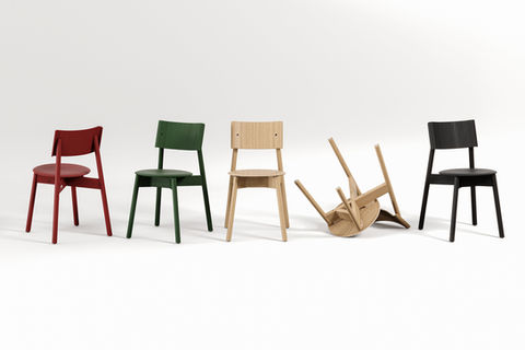 3D render of chair variations with one disassembled chair showing structure