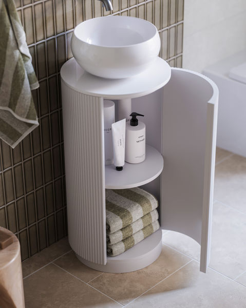 Photorealistic 3D bathroom cabinet with sink towels and cosmetic products