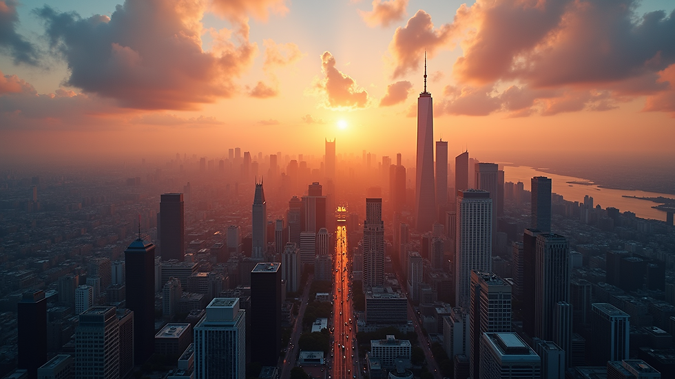 Eye-level view of a bustling city skyline at sunset