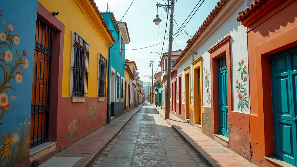 Eye-level view of colorful houses and street art in La Boca neighborhood