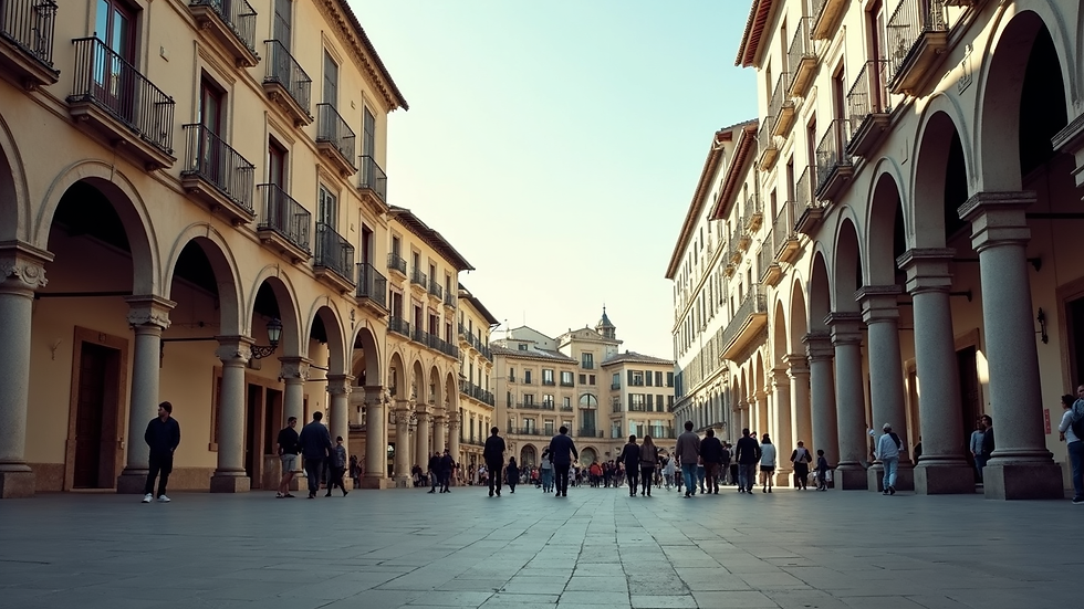 Eye-level view of Plaza Mayor with historic buildings and people walking