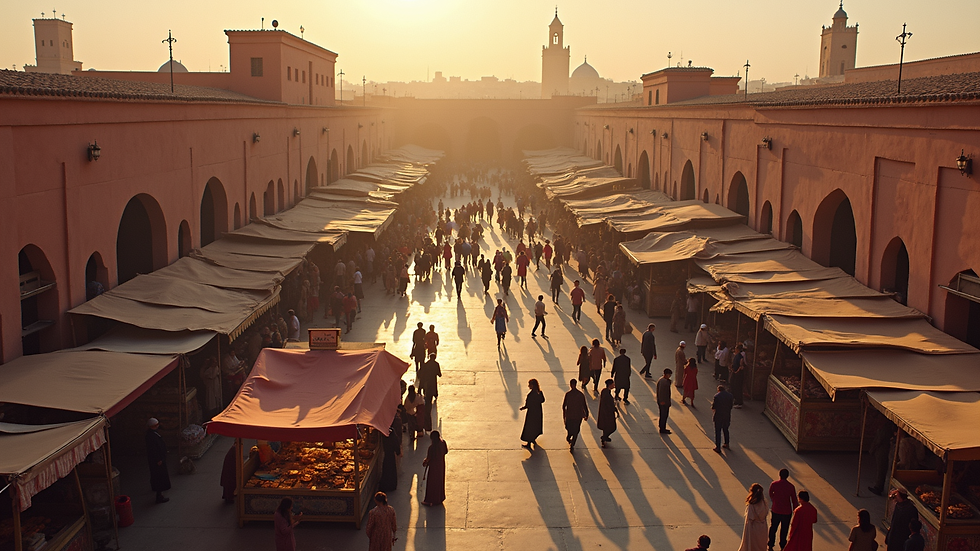 High angle view of Jemaa el-Fnaa square bustling with food stalls and visitors in Marrakech