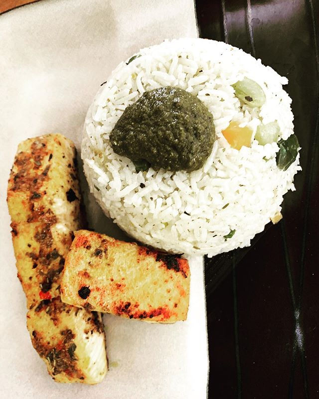 Coconut rice with roasted salmon and min
