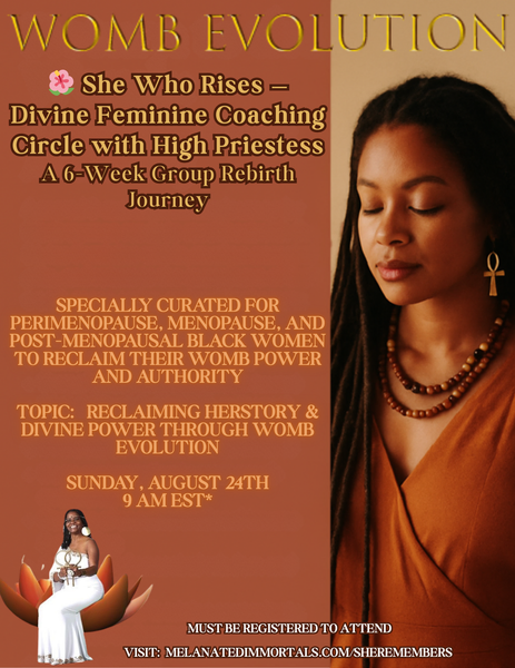 Flyer for She Who Rises - picture of black woman looking down meditatively