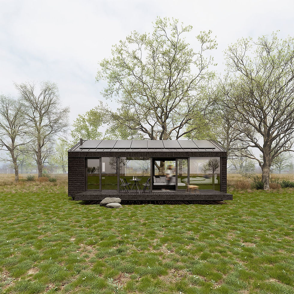 Microhome_TMD_Architectural Visualization_Front view of an eco-friendly microhome located in a grassy area surrounded by trees. The microhome features a compact, sustainable design with black vertical and horizontal timber cladding and black metal elements. Large glass windows and a small deck with outdoor seating enhance the connection to nature, making it ideal for various environments. The setting emphasizes the microhome’s adaptability and modern aesthetic in a natural landscape.