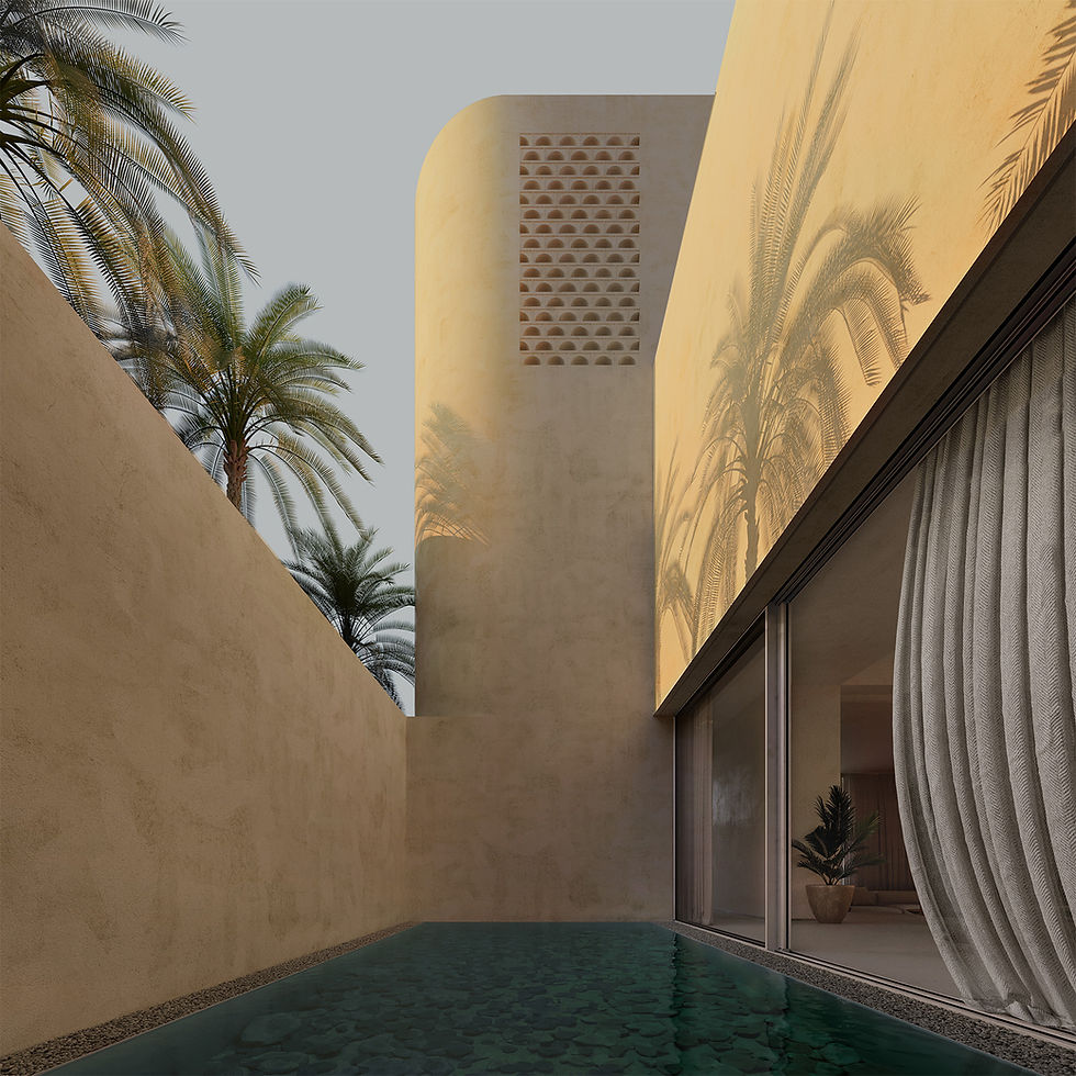 Al Nusf_The Threshold House_United Arab Emirates_TMD_Architectural Visualization_Private cooling courtyard with elongated reflecting pool featuring emerald-toned water and natural stone base, enclosed by high sculpted sand-coloured walls, dramatic palm tree shadows cast onto the monolithic façade with perforated mashrabiya ventilation screen, large sliding glass doors with sheer curtains revealing interior lounge space, expressing passive cooling strategy, privacy layering, and serene interplay of light, shadow, and desert vegetation within a contemporary Emirati architectural context.