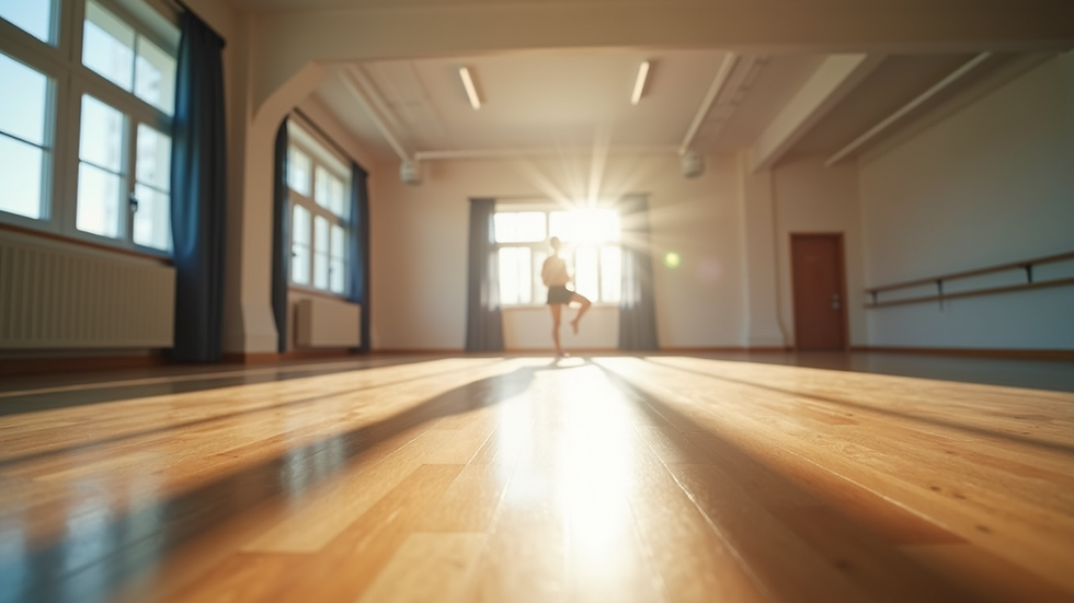 Eye-level view of a spacious dance studio with wooden floors