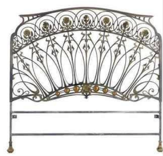 Early 20th-Century French Art Nouveau wrought iron & bronze headboard
