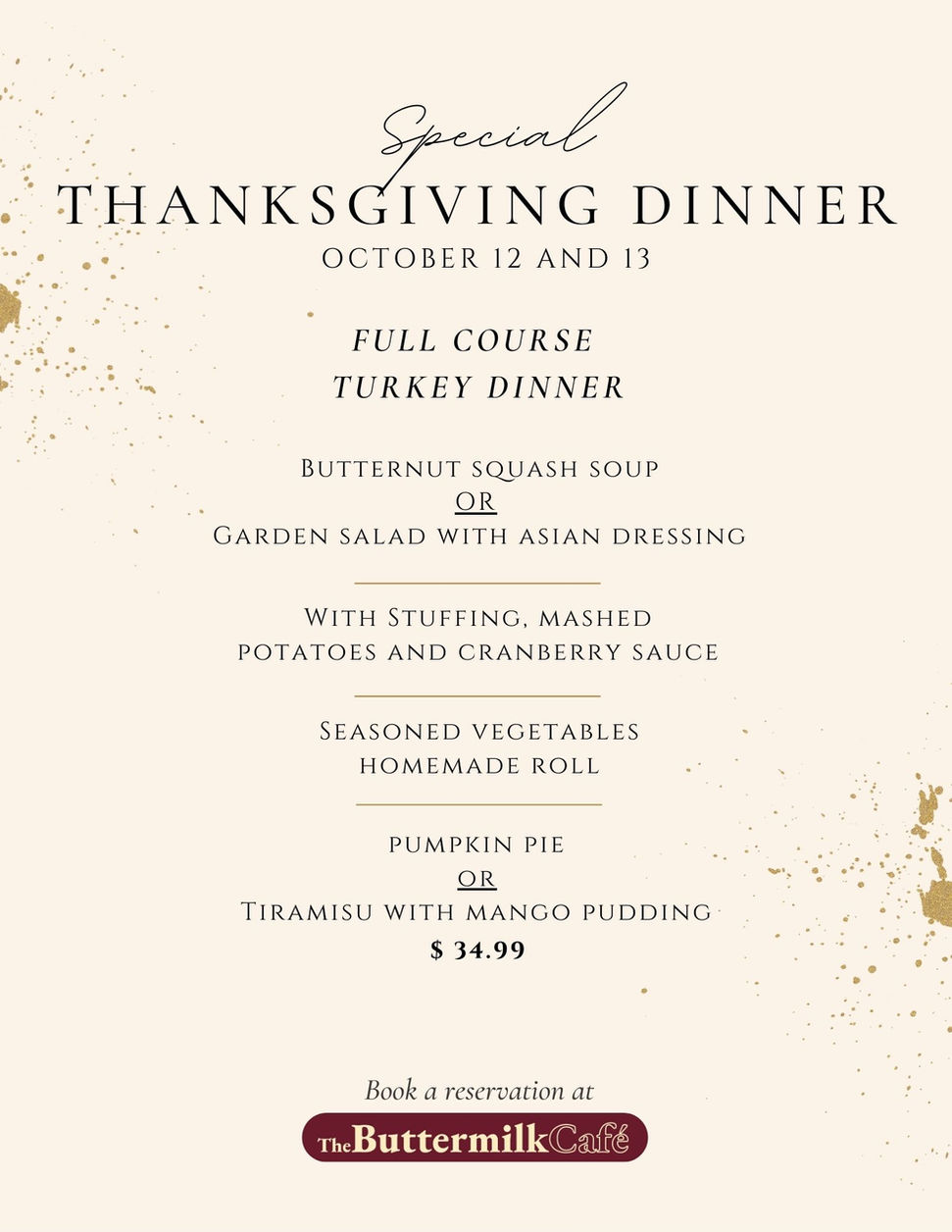 Thanksgiving Dinner 2025 at the Buttermilk Cafe Cobourg