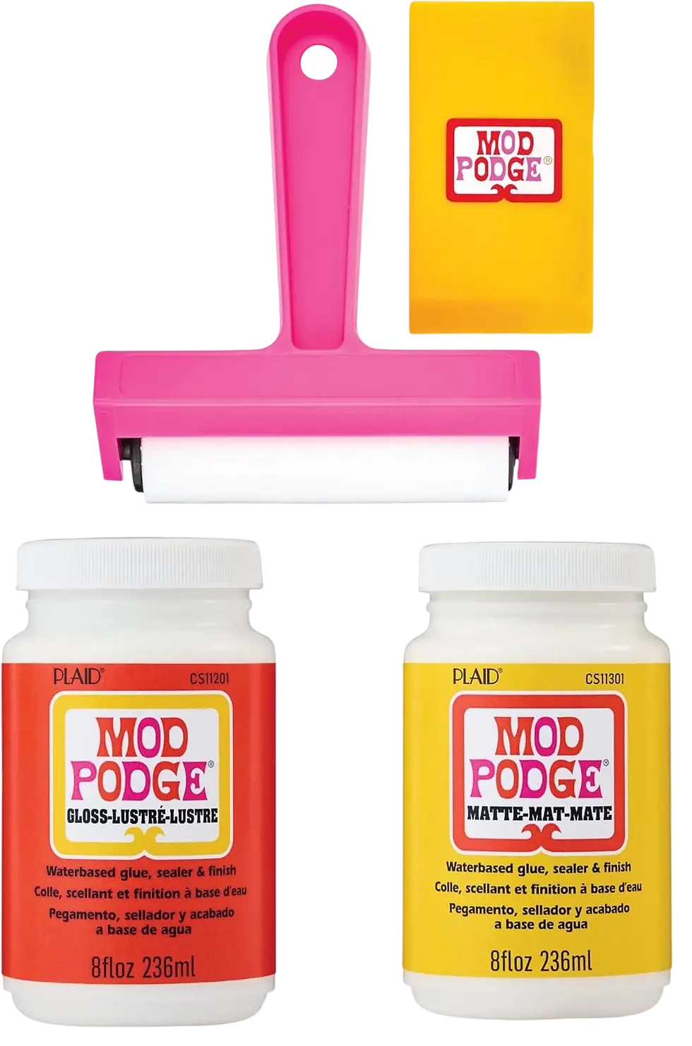 decoupage supplies including ModPodge glue, a brayer, and a squeegee