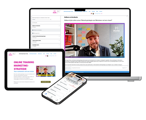 Screenshots van de online cursus marketingstrategie voor telefoon, tablet en laptop