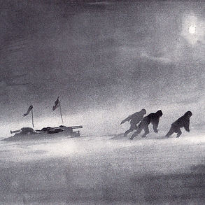 An image of three black figures leaning into the wind to pull a heavy sledge on ropes during an Antarctic snowstorm