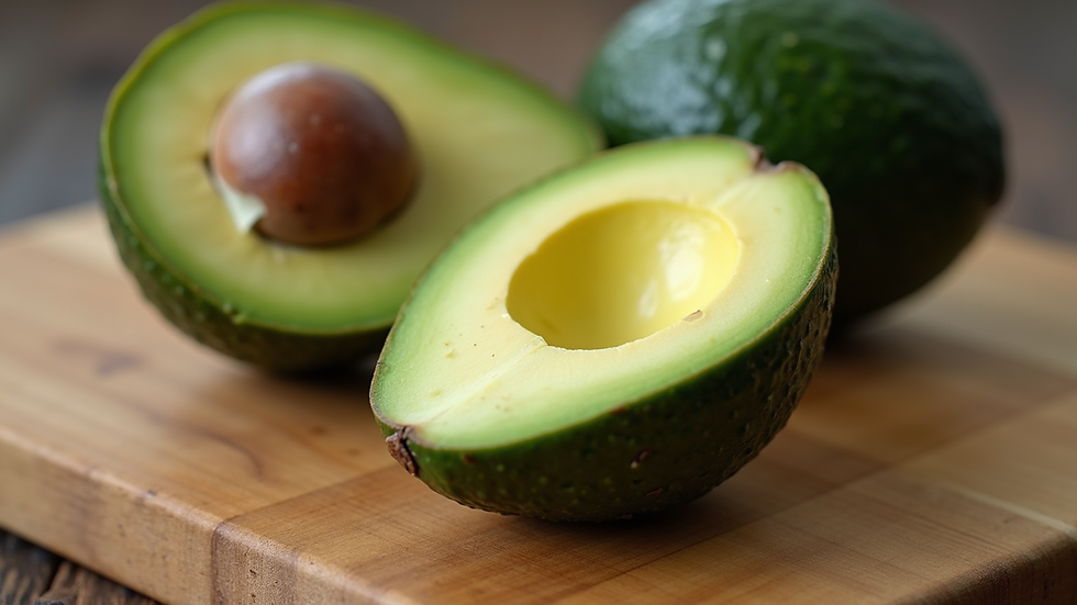 Close-up view of a sliced organic Hass avocado on a wooden cutting board