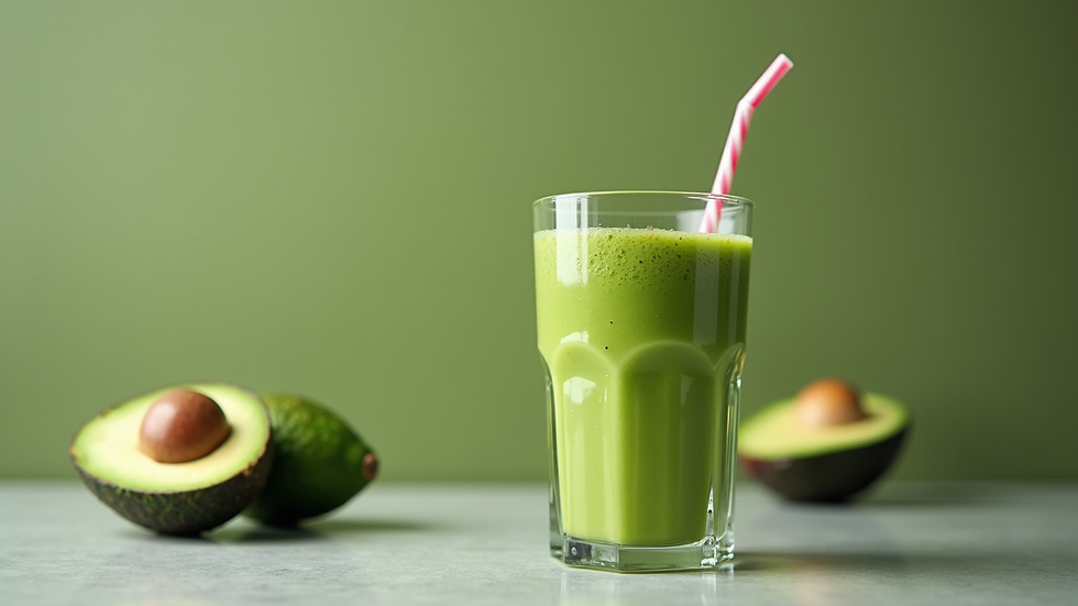 Eye-level view of a green avocado smoothie in a glass with a straw