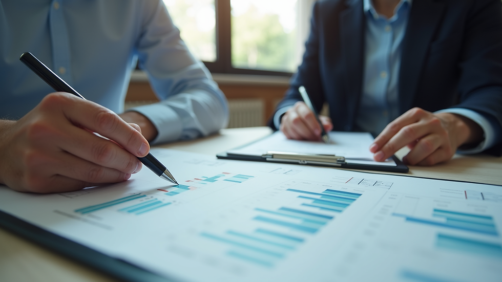 Close-up view of a financial advisor explaining charts and graphs to a client