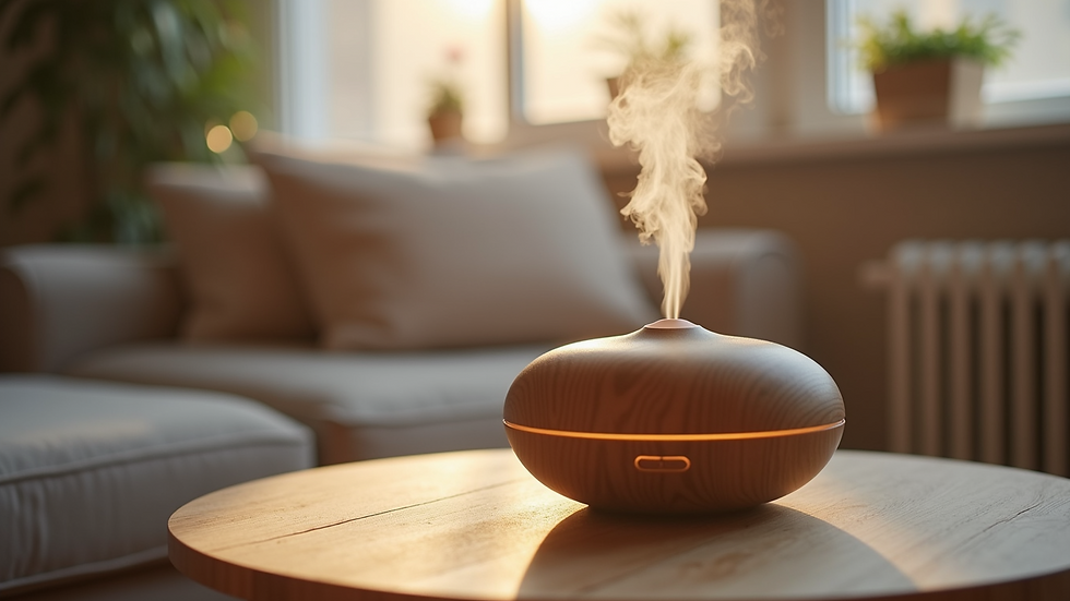 High angle view of essential oil diffuser emitting mist in cozy room