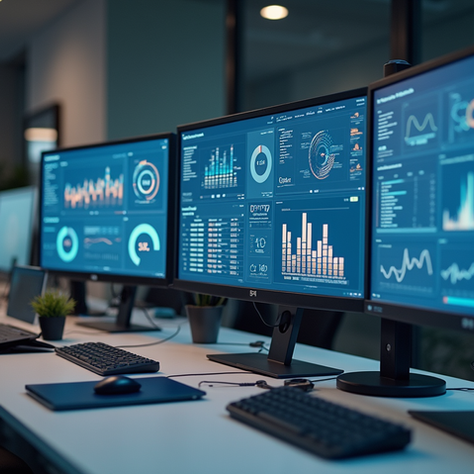 3 computer screens side by side with Dashboards displayng data