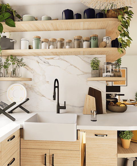 Dans cet appartement lumineux, le séjour de 25 m² a été entièrement repensé pour devenir un véritable lieu de vie. Lignes arrondies et bois clair offrent un espace fluide, chaleureux et pensé pour accueillir.