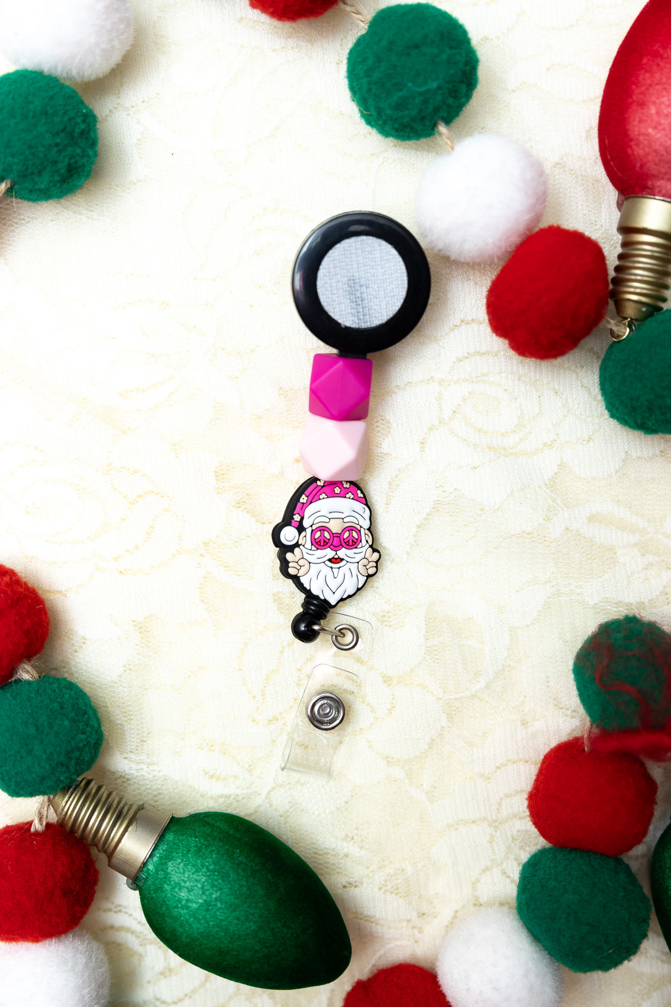 Pink Peace Santa Beaded Badge Reel