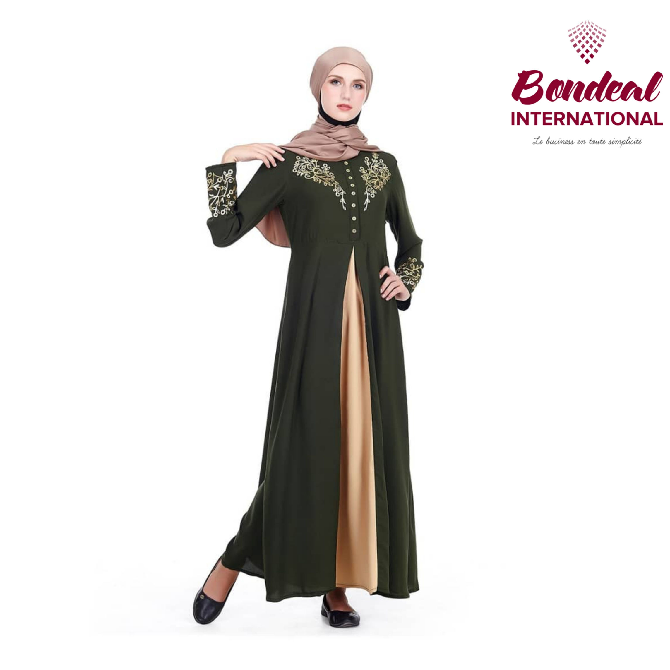 ABAYA Robe Formelle Verte À Manches Longues Avec Strass Et Broderies
