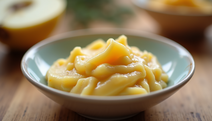 Close-up view of a small bowl with pureed baby food on a wooden table