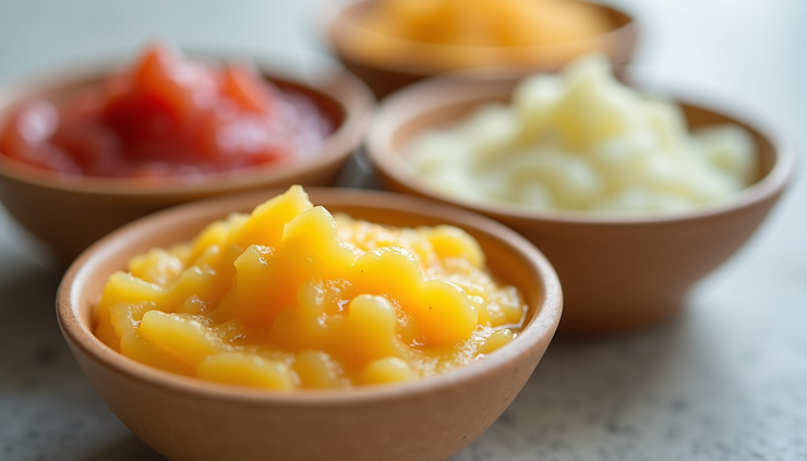 Eye-level view of a colorful assortment of baby purees in small bowls