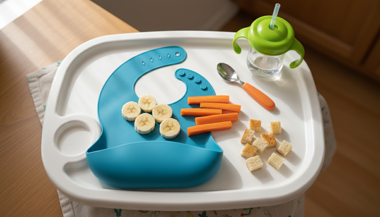 Overhead view of a baby cup, spoon, bib, and soft finger foods on a tray