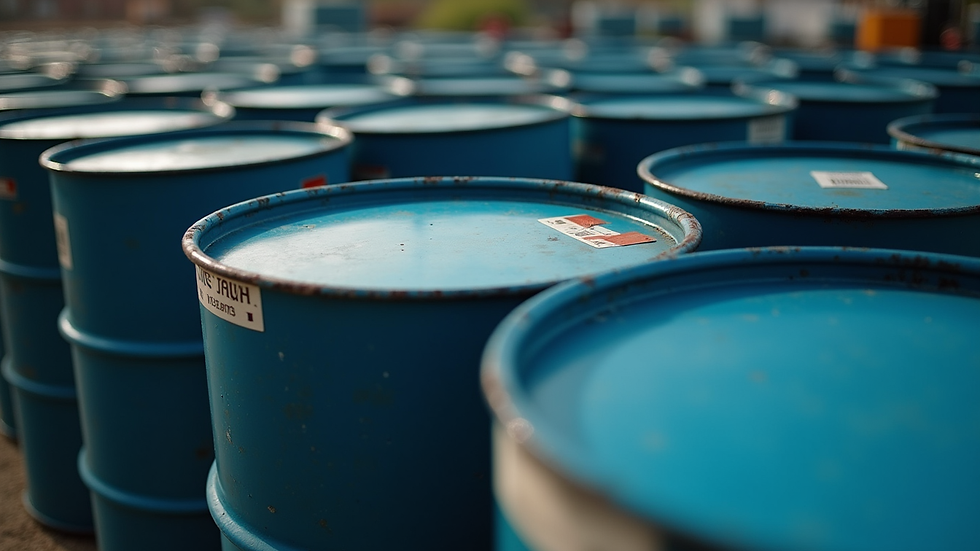 Close-up view of chemical drums labeled for safe storage