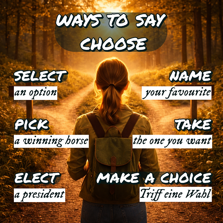 Lerne verschiedene englische Ausdrücke für „choose“ wie select, pick, elect oder take – anschaulich erklärt mit Lernbild von grammarstretch.net.