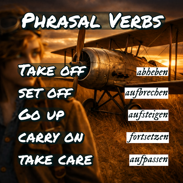 🛫 Phrasal Verbs im Englischen: Take off, Set off & mehr mit Bedeutung! Lerne wichtige englische Phrasal Verbs mit ihrer deutschen Bedeutung! 📝 Von ‚take off‘ (abheben) über ‚set off‘ (aufbrechen) bis ‚carry on‘ (fortsetzen). Perfekt für Englischlernende, die ihren Wortschatz erweitern und flüssiger sprechen möchten!“ 🚀📚