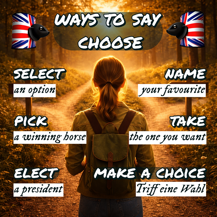Lerne verschiedene englische Ausdrücke für „choose“ wie select, pick, elect oder take – anschaulich erklärt mit Lernbild von grammarstretch.net.
