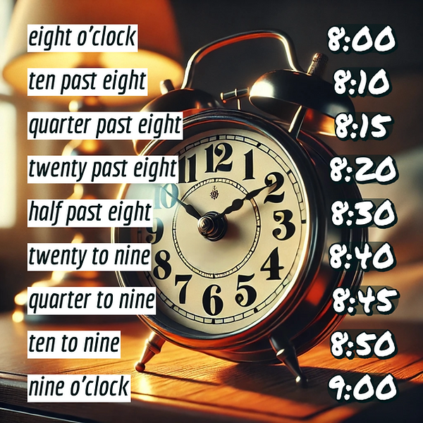 🕰️ What's the time? Lerne, wie du die Uhrzeit auf Englisch korrekt angibst! ⏳ Egal, ob eight o’clock 🕗 oder quarter to nine ⏰ – mit diesen einfachen Ausdrücken meisterst du die Zeitangaben im Handumdrehen.  🔑 Perfektioniere dein Hörverständnis, erweitere deinen Wortschatz und lerne, wie Muttersprachler tatsächlich über die Zeit sprechen. 🗣️  It’s time to learn – Mit Grammarstretch wird jede Minute zu einer neuen Lernchance. 🚀 Werde sicher im Umgang mit englischen Zeitangaben und bring dein Sprachniveau auf das nächste Level! 📚