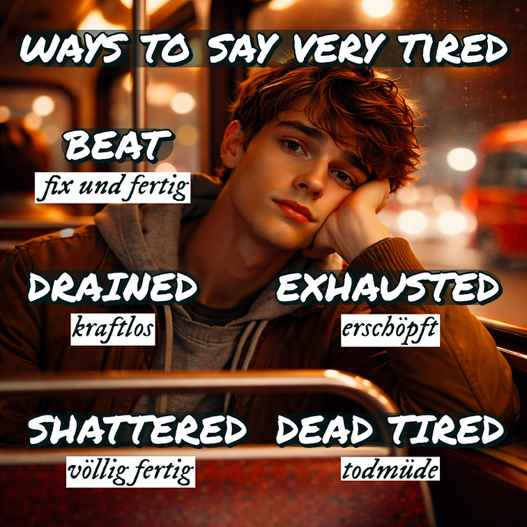 Lerne englische Synonyme für „very tired“ wie beat, exhausted, drained oder dead tired – mit klaren Bedeutungen und deutschen Übersetzungen.