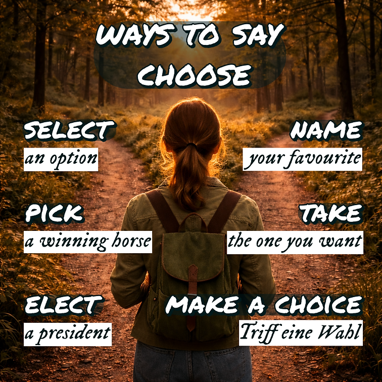 Lerne verschiedene englische Ausdrücke für „choose“ wie select, pick, elect oder take – anschaulich erklärt mit Lernbild von grammarstretch.net.