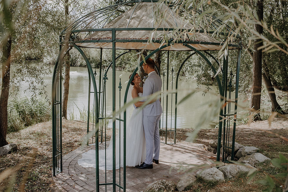 Brautpaar Arm in Arm unter einem Pavillon
