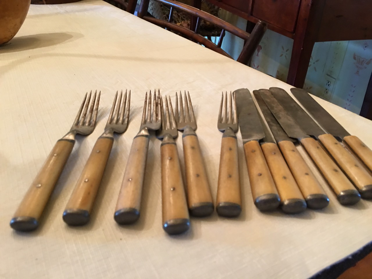 #455 Antique early 1800 bone handle forks and knifes