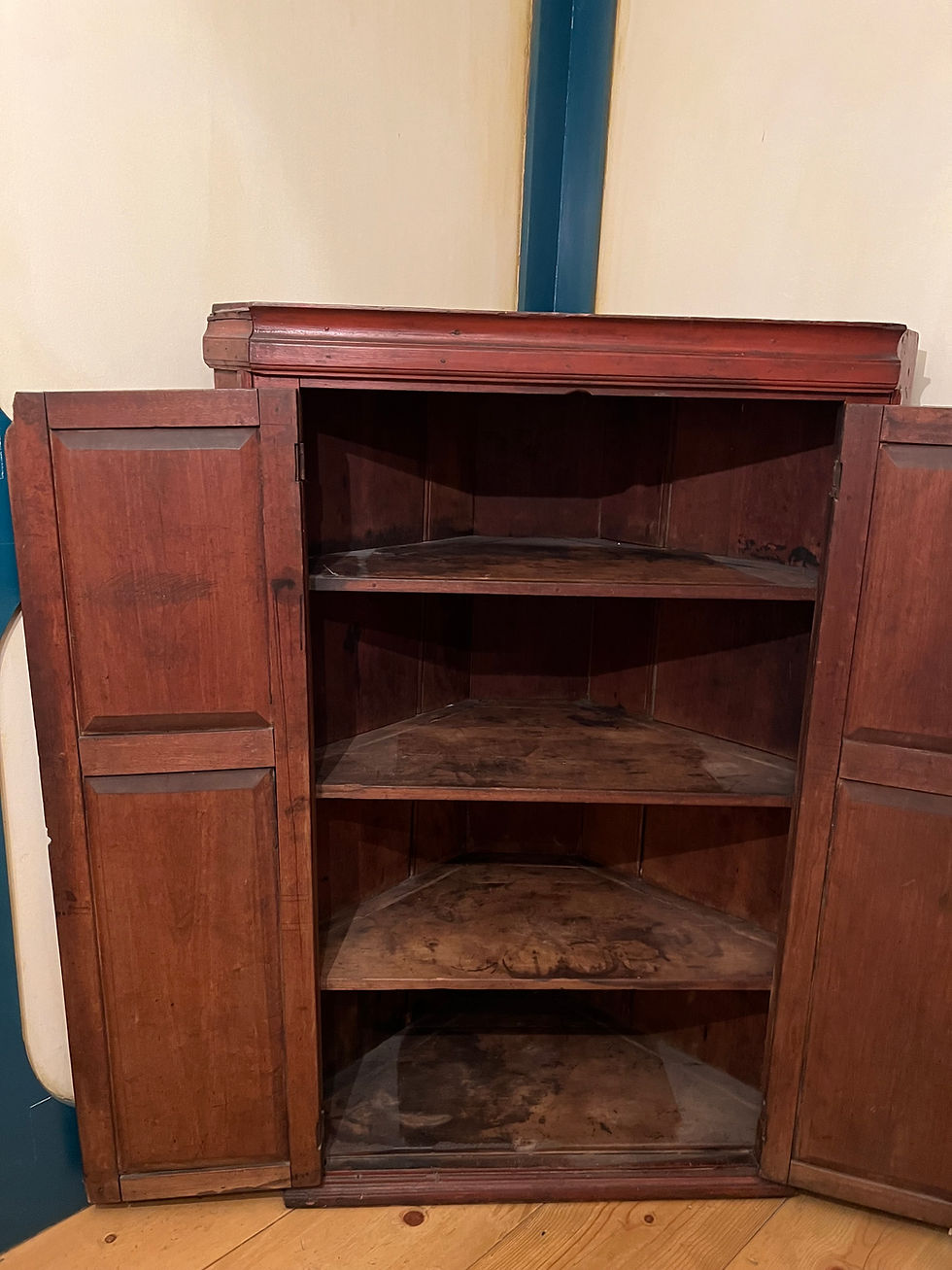 Thumbnail: #1423 Corner Cupboard, old red paint 58.25" tall x 41.5" wide x 26" deep