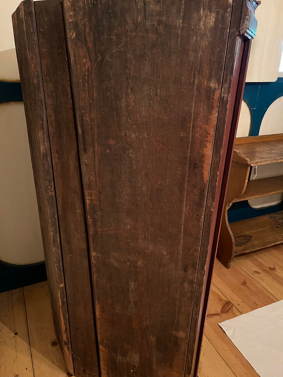 Thumbnail: #1423 Corner Cupboard, old red paint 58.25" tall x 41.5" wide x 26" deep