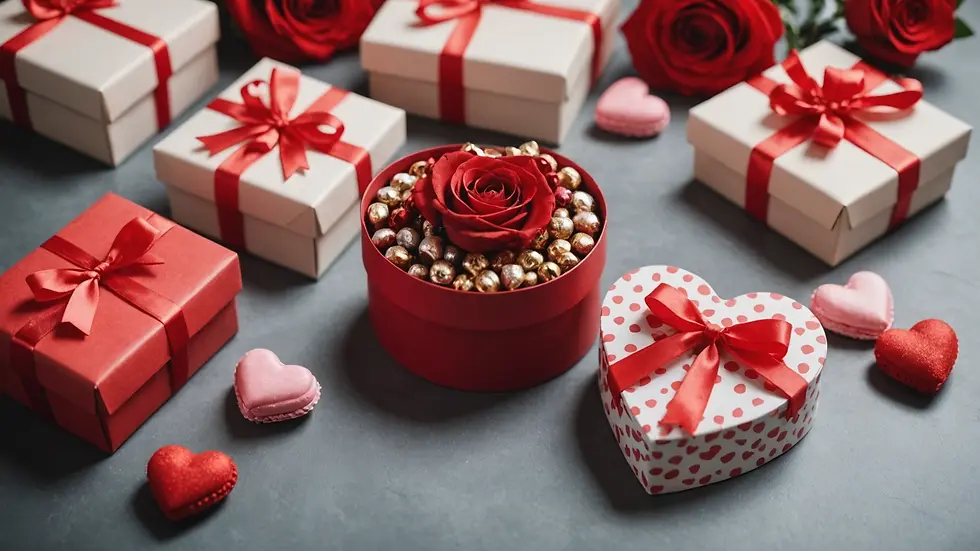 Eye-level view of beautifully arranged Valentine’s Day gifts