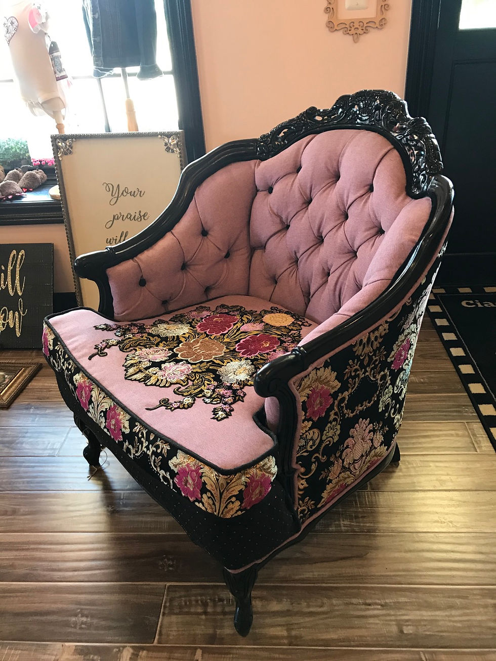 Thumbnail: Antique "Lavender Applique" Chair, Low Back, Black