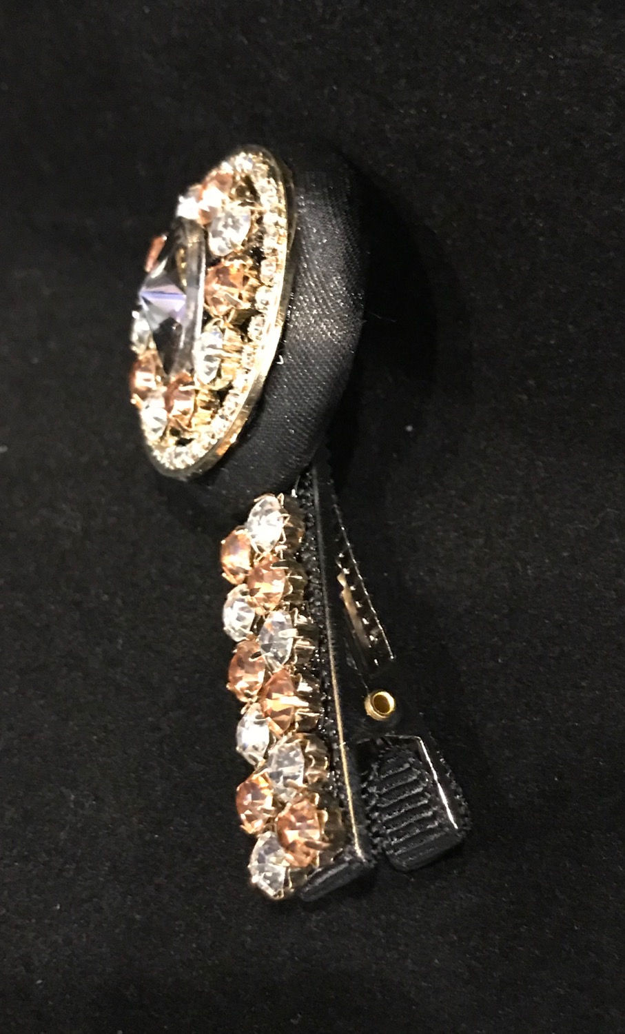 Thumbnail: Hair Clip, Black Fabric, Circle, Peach Crystals