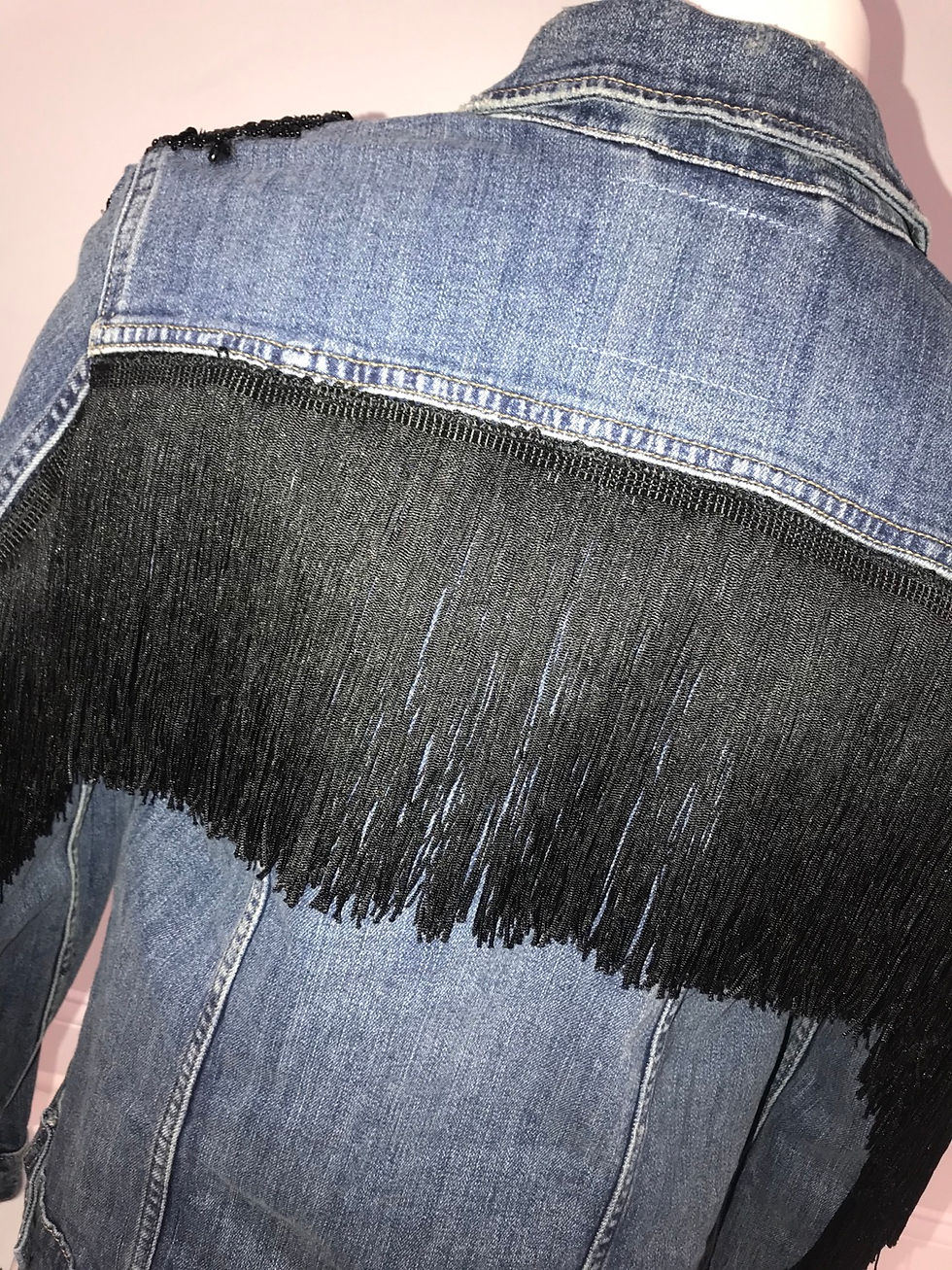 Thumbnail: Ladies Blue Denim Jacket black fringe & lace