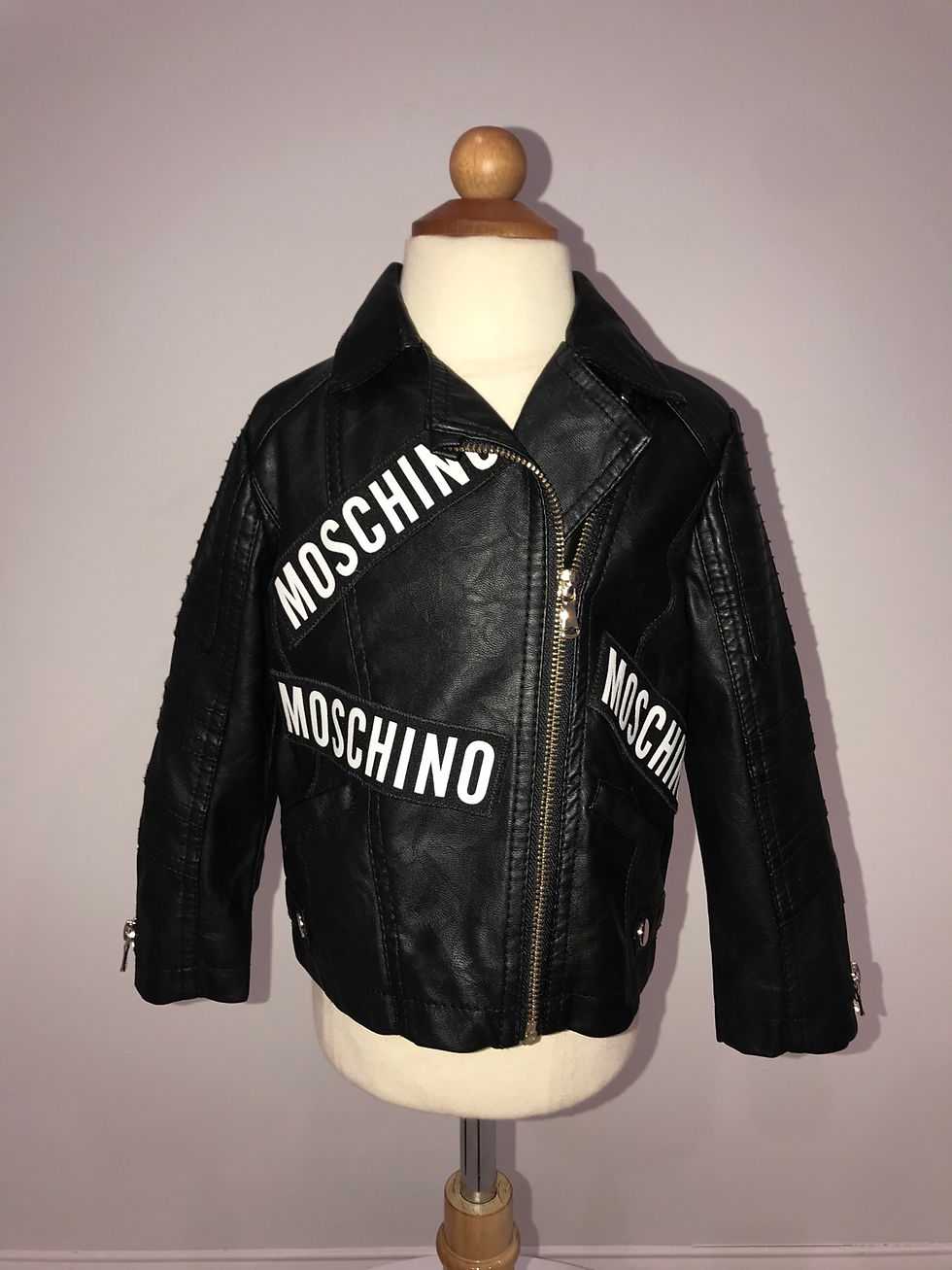 Thumbnail: MOSCHINO, L/S Black Biker Style Leather Jacket, chenille teddy bear patch/ribbon