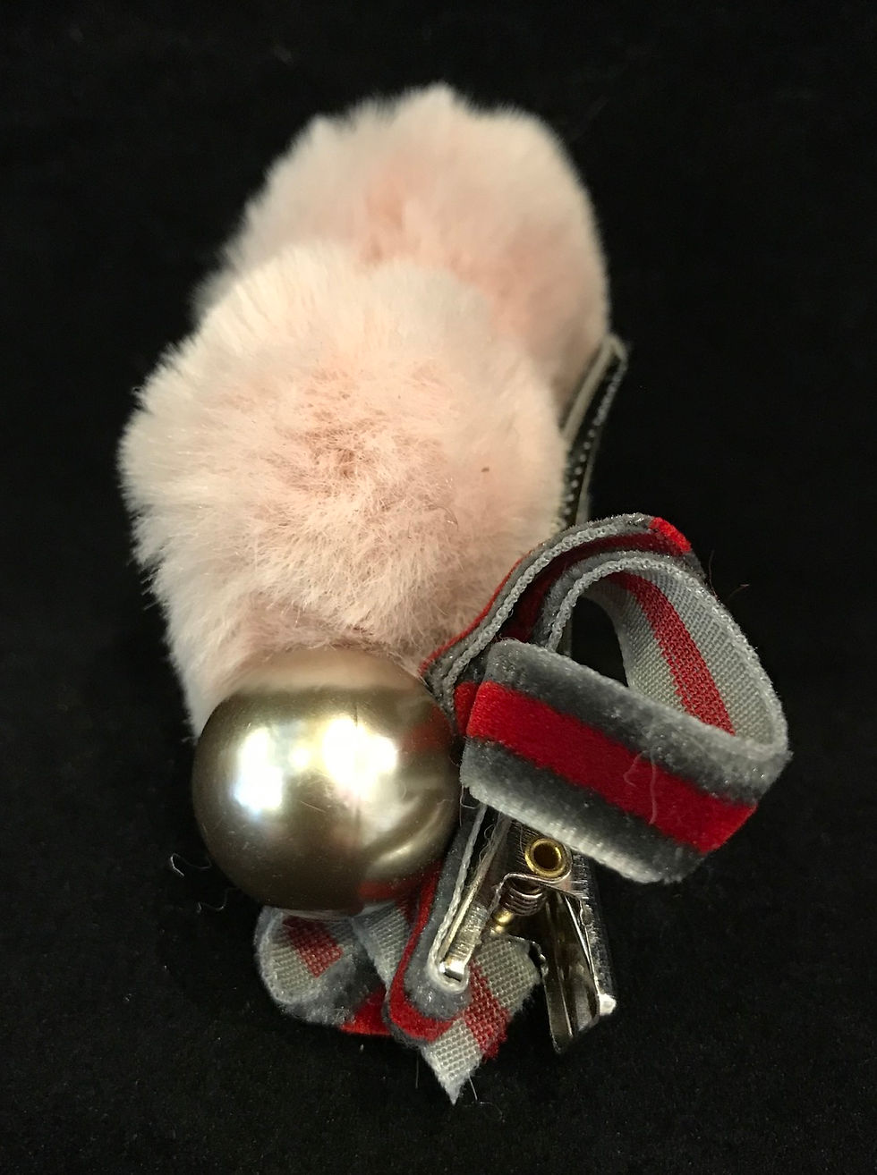 Thumbnail: Hair Clip, Heart, Pink Faux Fur Puff, Pearl, Velvet Bow