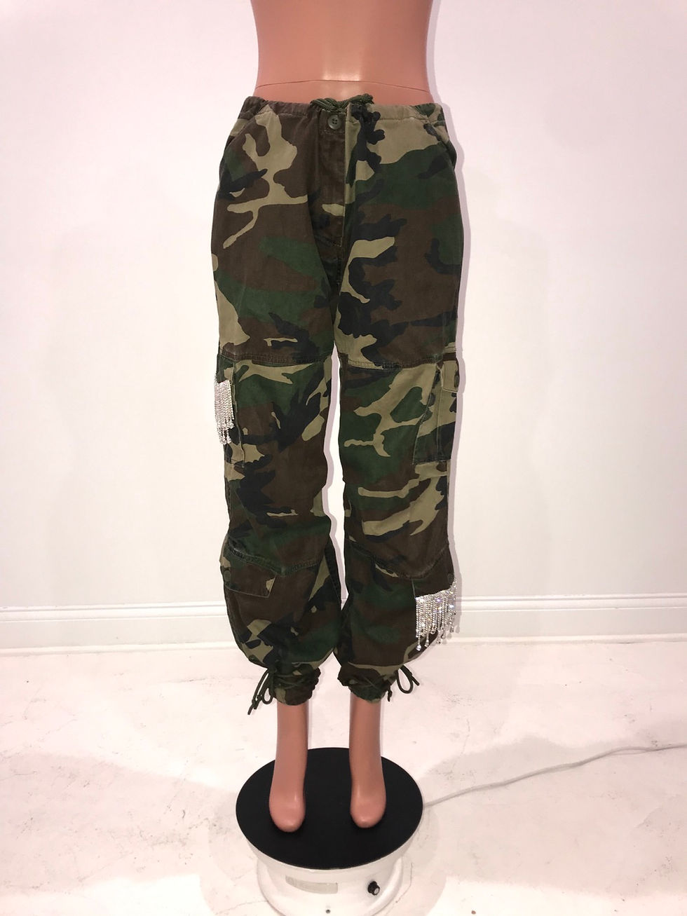 Thumbnail: Ladies GLAMO Pants, Army Green Cargo, pockets- dangle crystal drop