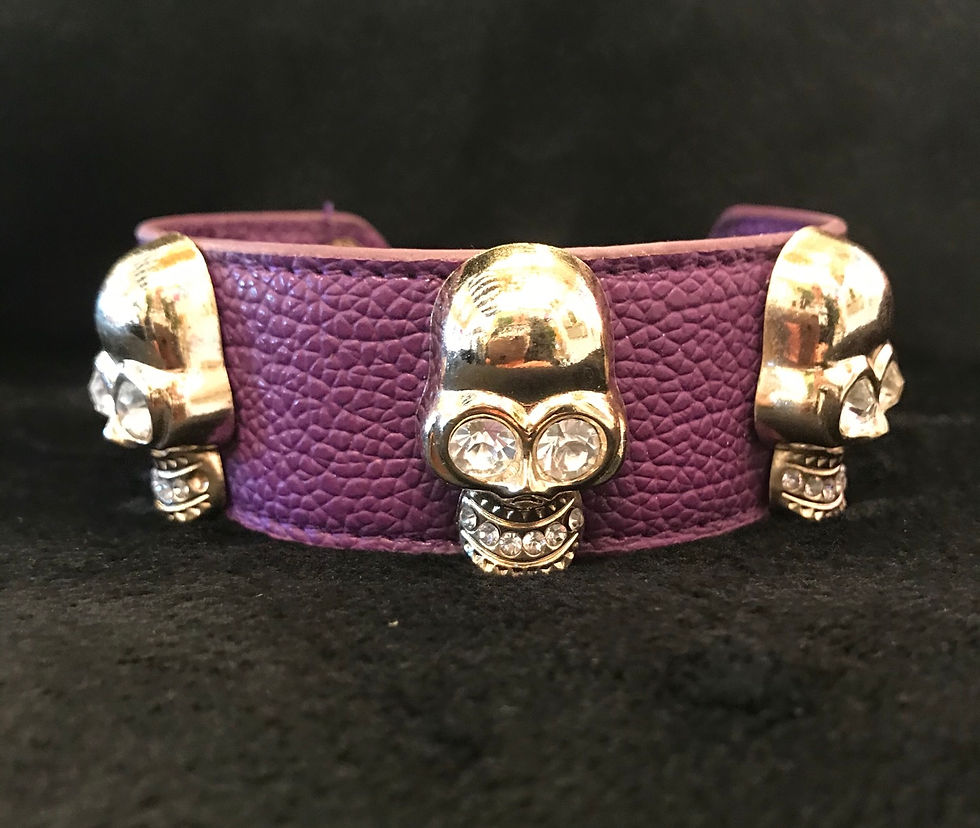 Thumbnail: Bracelet, Leather Cuff, Purple, Silver Skulls, Crystal Eyes