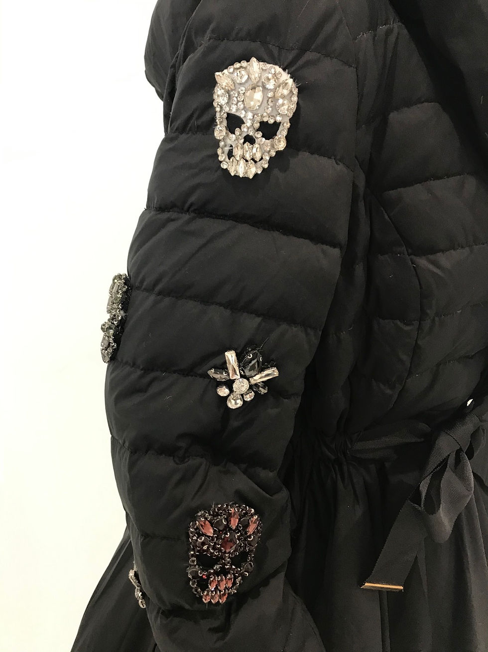 Thumbnail: Hi Low Peplum Hooded Puffer Jacket, Skeleton & Floral Appliques, SKULLS